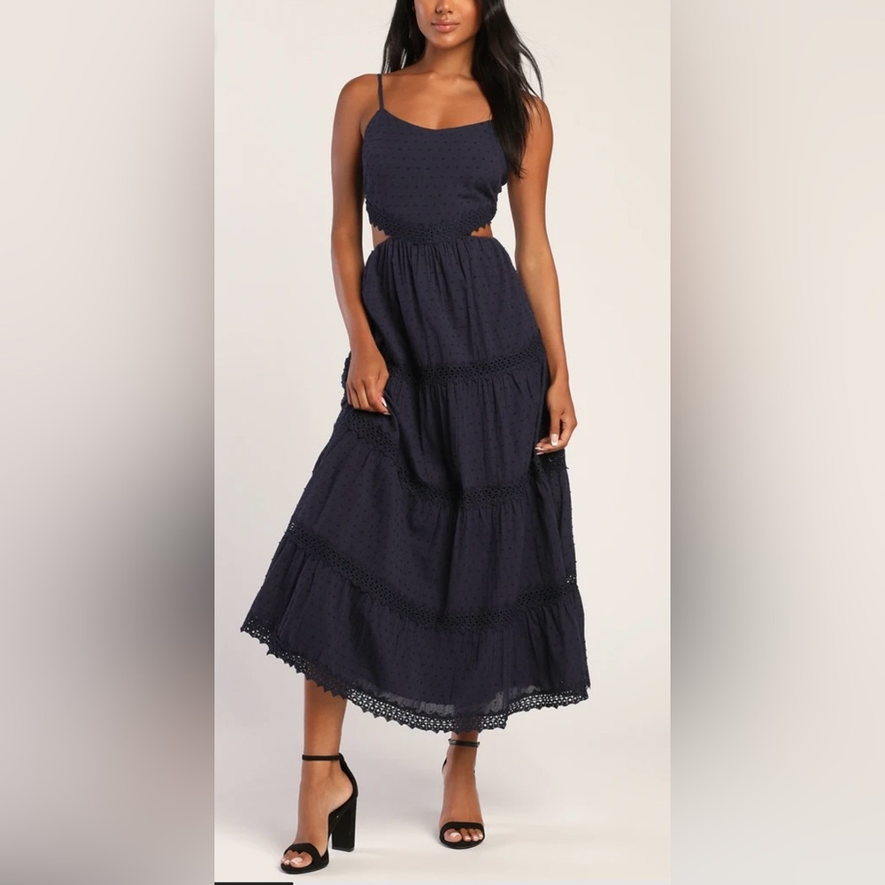 Lulus Tiers to the Party Navy Blue Swiss Dot Tiered Maxi Dress NWT Size S